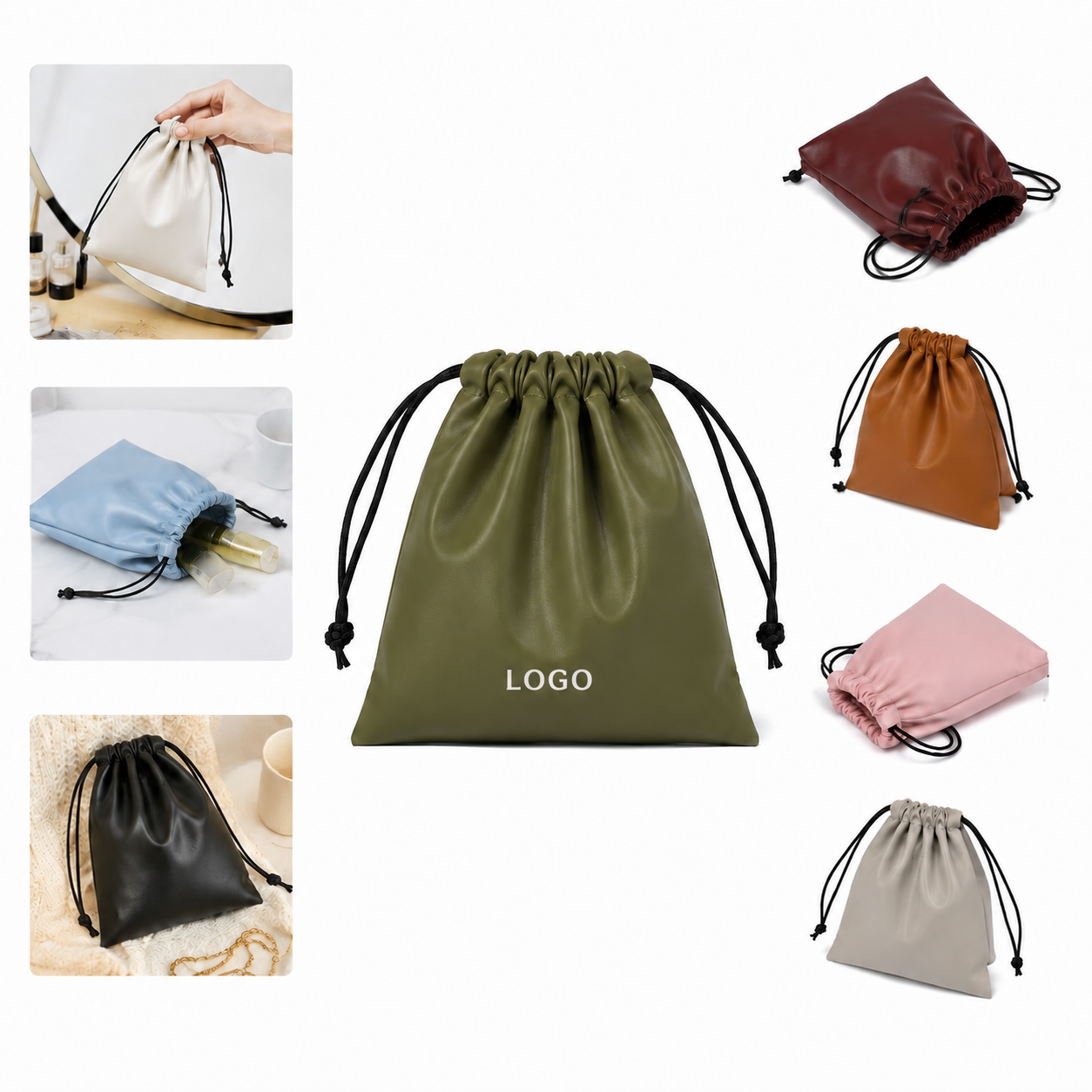 Minimalist PU Leather Drawstring Pouch